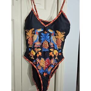 Toucans Floral On Black One Piece Womens Swimsuit Size Lg